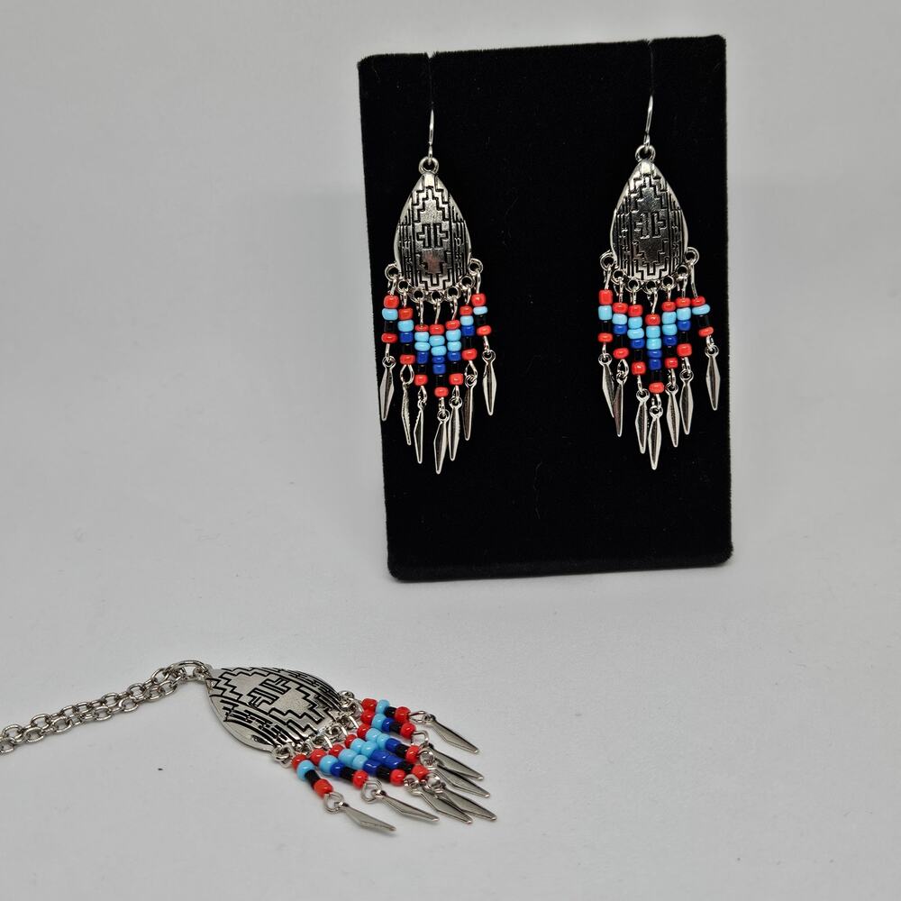 American West Southwest Earrings Necklace Set Silver Tone Red Blue Beads Western